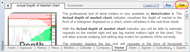 Added the button for testing paid Expert Advisors and indicators directly from Market tab Added the button for testing paid Expert Advisors and indicators directly from Market tab