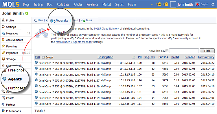Managing agents through the MQL5.community profile
